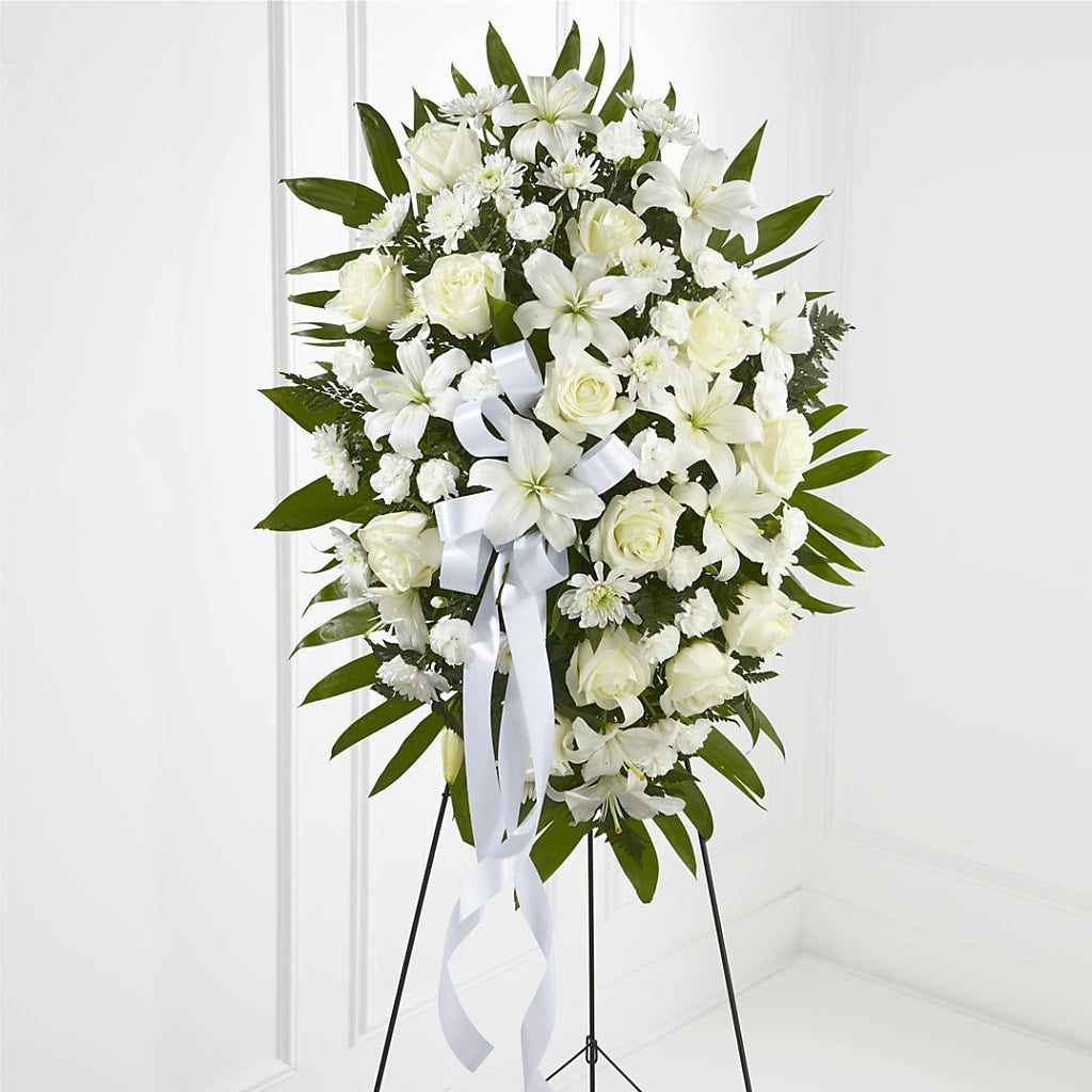 Exquisite Tribute Standing Spray-White Ribbon – Salem Floral Llc, West Salem WI