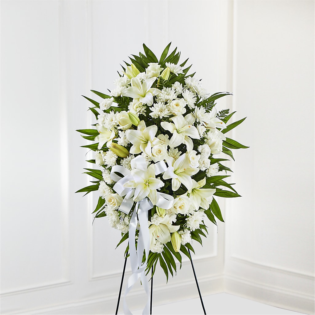 Exquisite Tribute Standing Spray-White Ribbon – Salem Floral Llc, West Salem WI